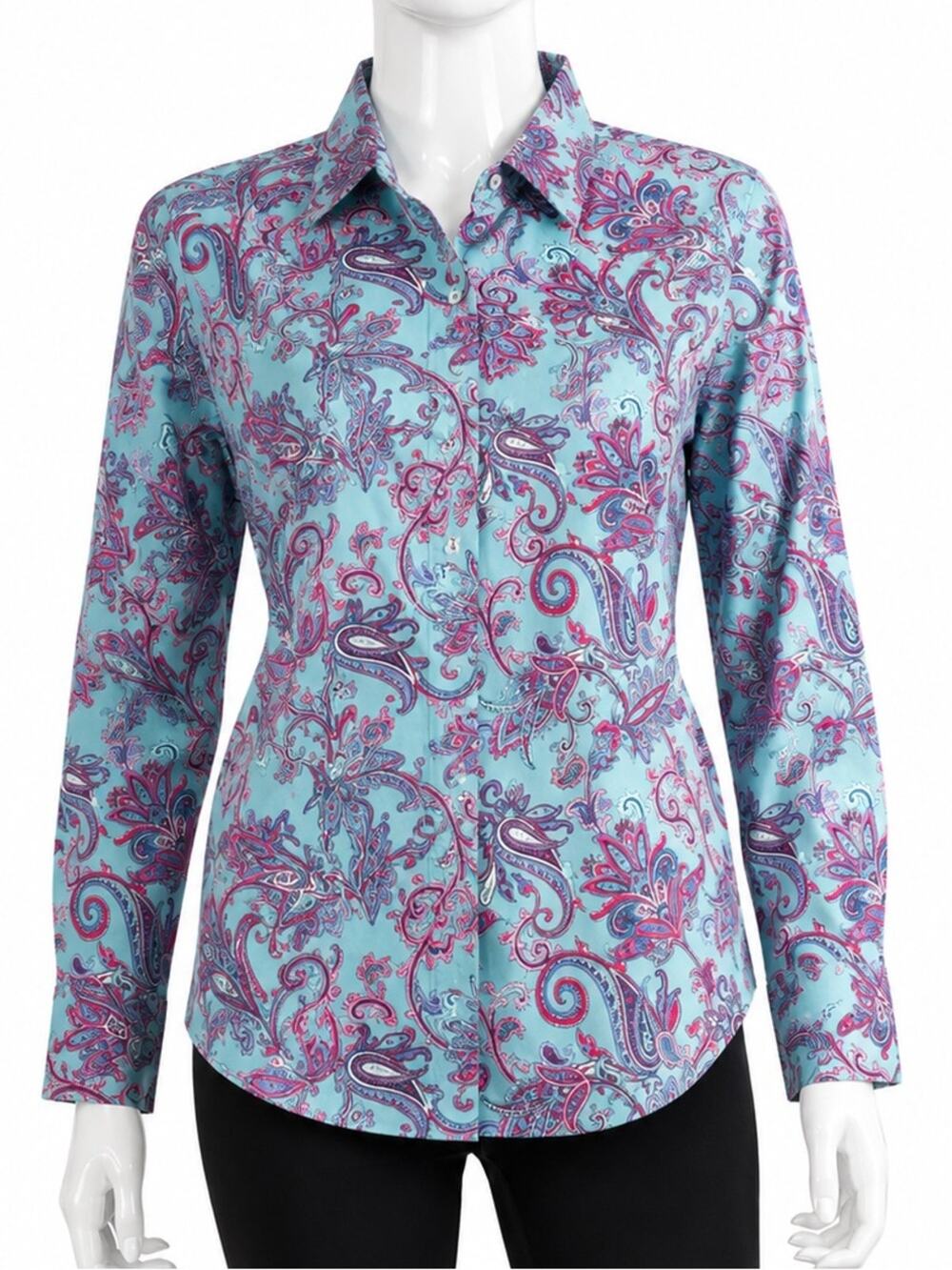 Foxcroft for Appleseed’s Paisley Shirt Women’s 18 Shaped Aqua Pink Cotton